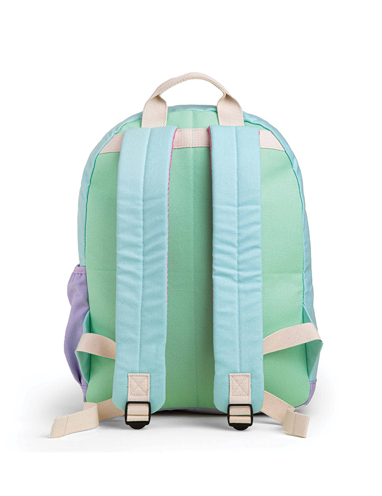 CAMP x Doodles Canvas Backpack showcasing Hap character, durable canvas material, and spacious compartments. Back.