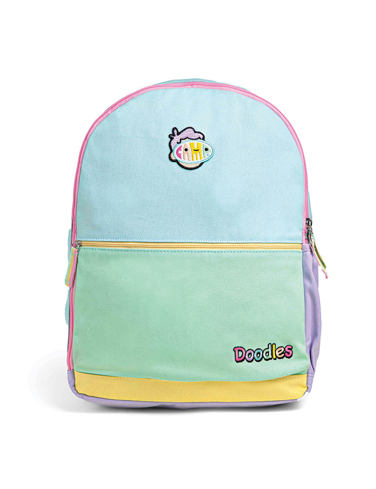 CAMP x Doodles Canvas Backpack showcasing Hap character, durable canvas material, and spacious compartments.