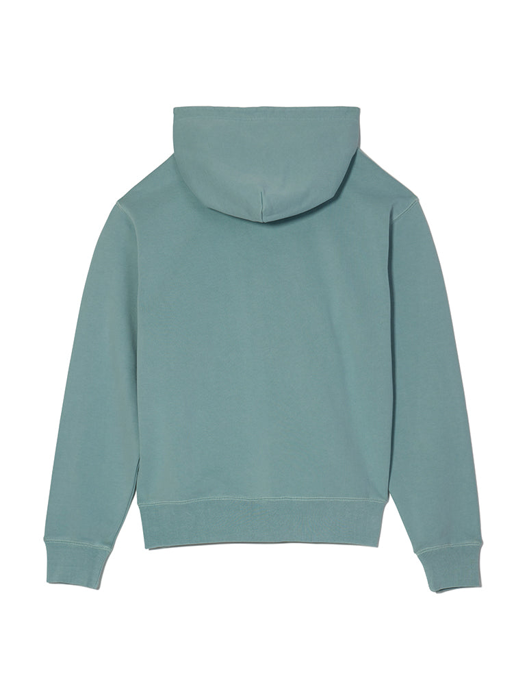 Heavyweight dusty blue hoodie with embroidered Hap design and Doodles logo, inspired by Dullsville and The Doodleverse. Back.