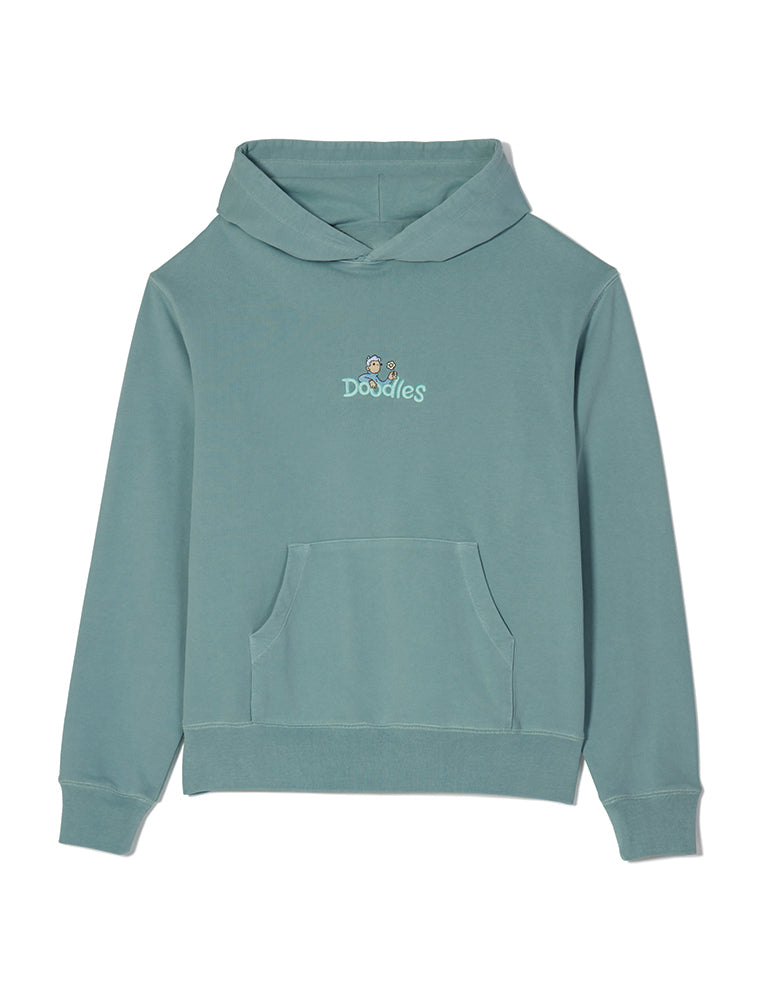 Heavyweight dusty blue hoodie with embroidered Hap design and Doodles logo, inspired by Dullsville and The Doodleverse.