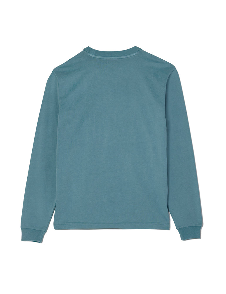 Dusty teal long sleeve crewneck t-shirt with contrast embroidered Hap design and Doodles logo, inspired by Dullsville and The Doodleverse. Back.