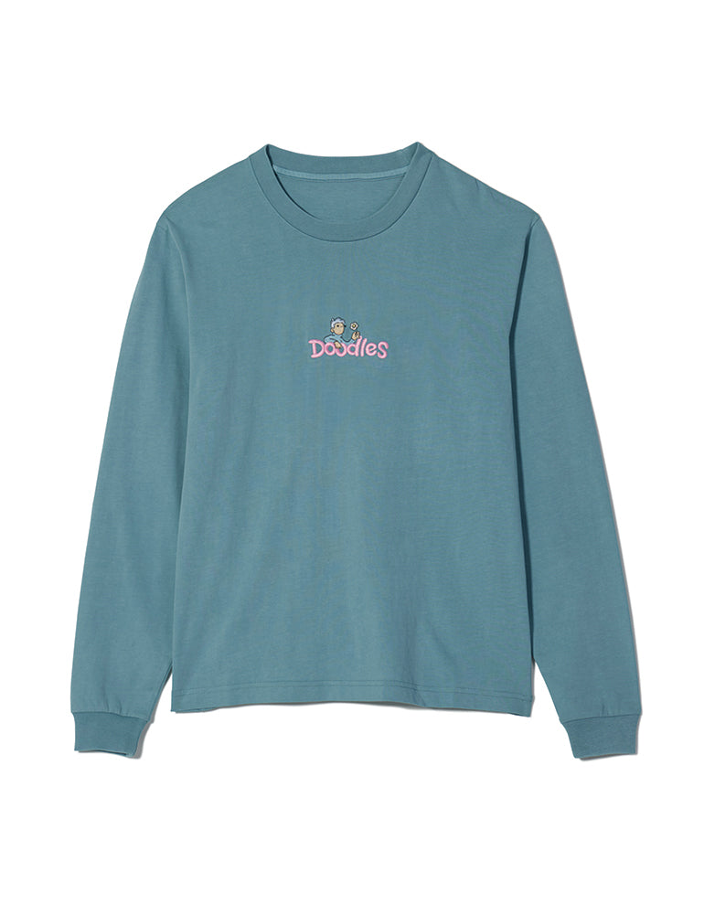 Dusty teal long sleeve crewneck t-shirt with contrast embroidered Hap design and Doodles logo, inspired by Dullsville and The Doodleverse.