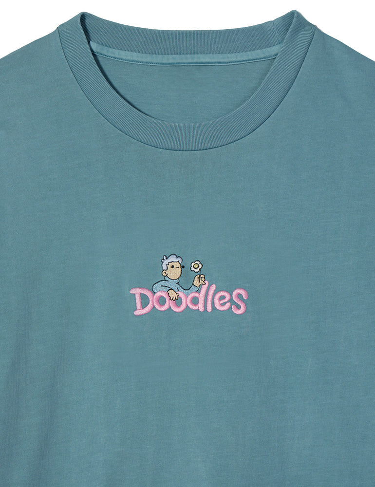 Dusty teal long sleeve crewneck t-shirt with contrast embroidered Hap design and Doodles logo, inspired by Dullsville and The Doodleverse. Logo close-up.
