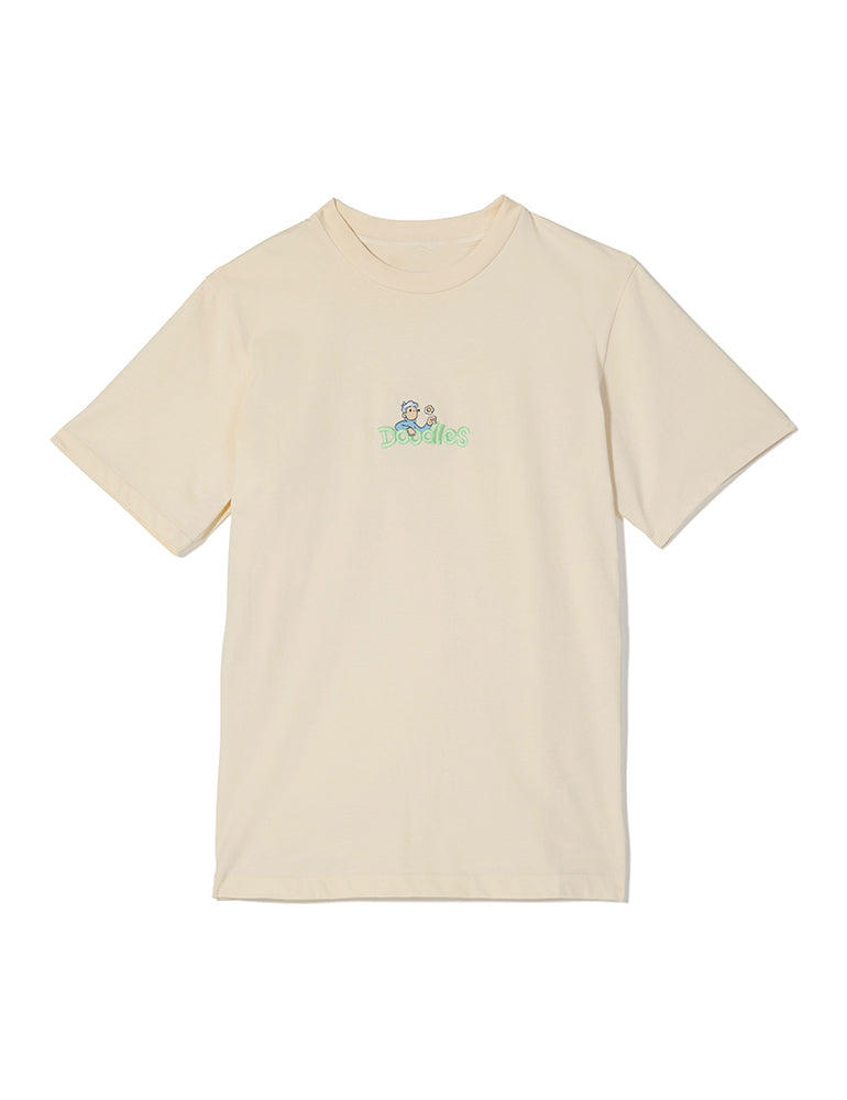 Marshmallow crewneck t-shirt with embroidered Hap design and Doodles logo, inspired by Dullsville and The Doodleverse.