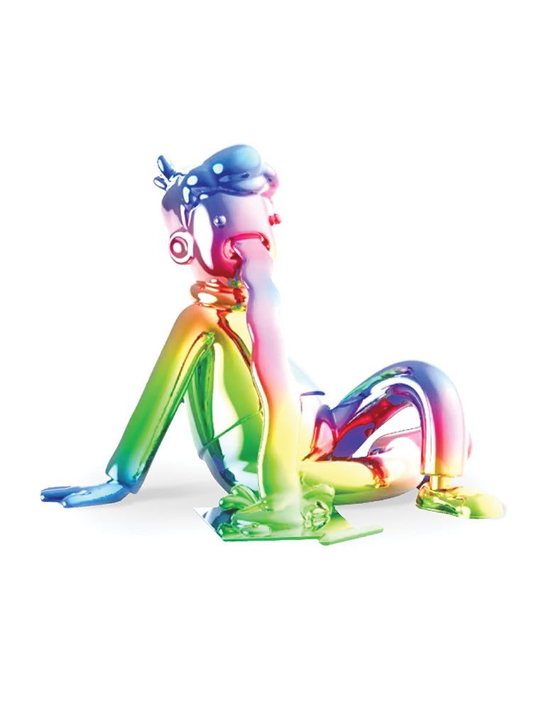 Doodles Holo Seated Mascot Vinyl – a collectible rainbow-chrome figure featuring the signature Doodles character in a relaxed seated pose. Limited edition art toy.