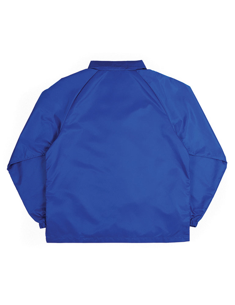 Bright blue Doodles Embroidered Emblem Coaches Jacket with snap-button front, elastic cuffs, and embroidered logo details on the chest. Back.