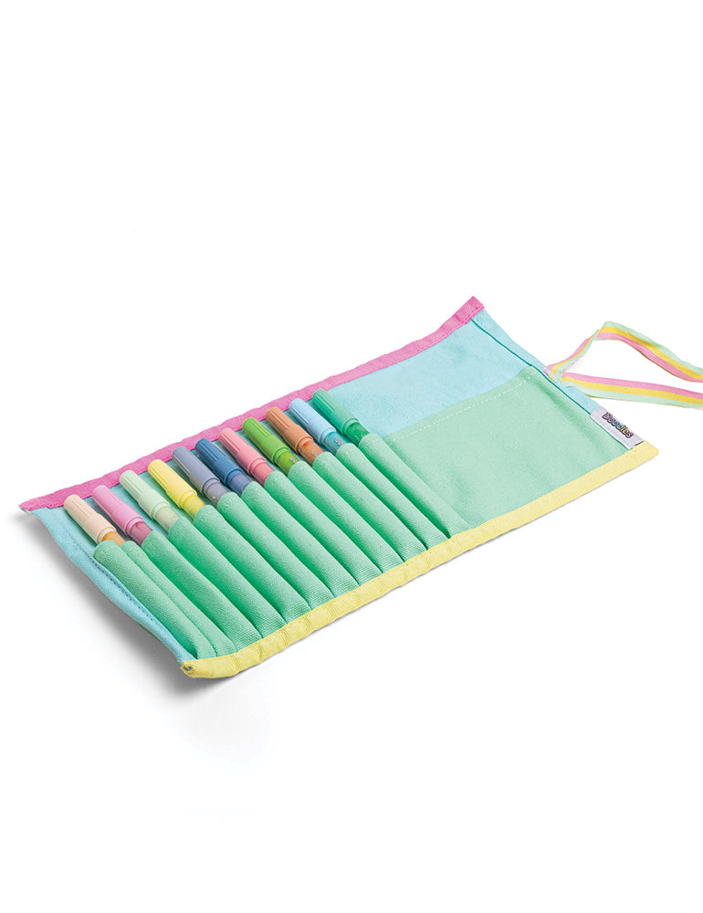 CAMP x Doodles Canvas Marker Roll featuring durable canvas material, vibrant design, and secure tie closure for art supplies. Unrolled.