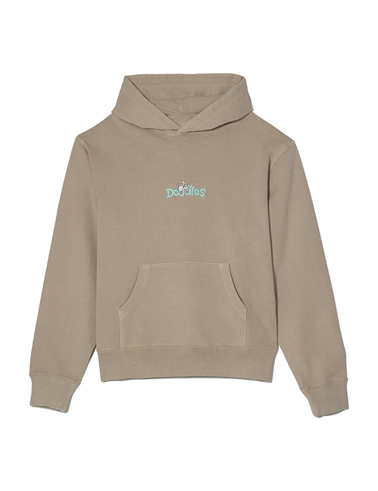 Sand-colored Doodles Mello Hoodie featuring an embroidered design of Mello lounging atop the Doodles logo, made from heavyweight 100% cotton for comfort and style.