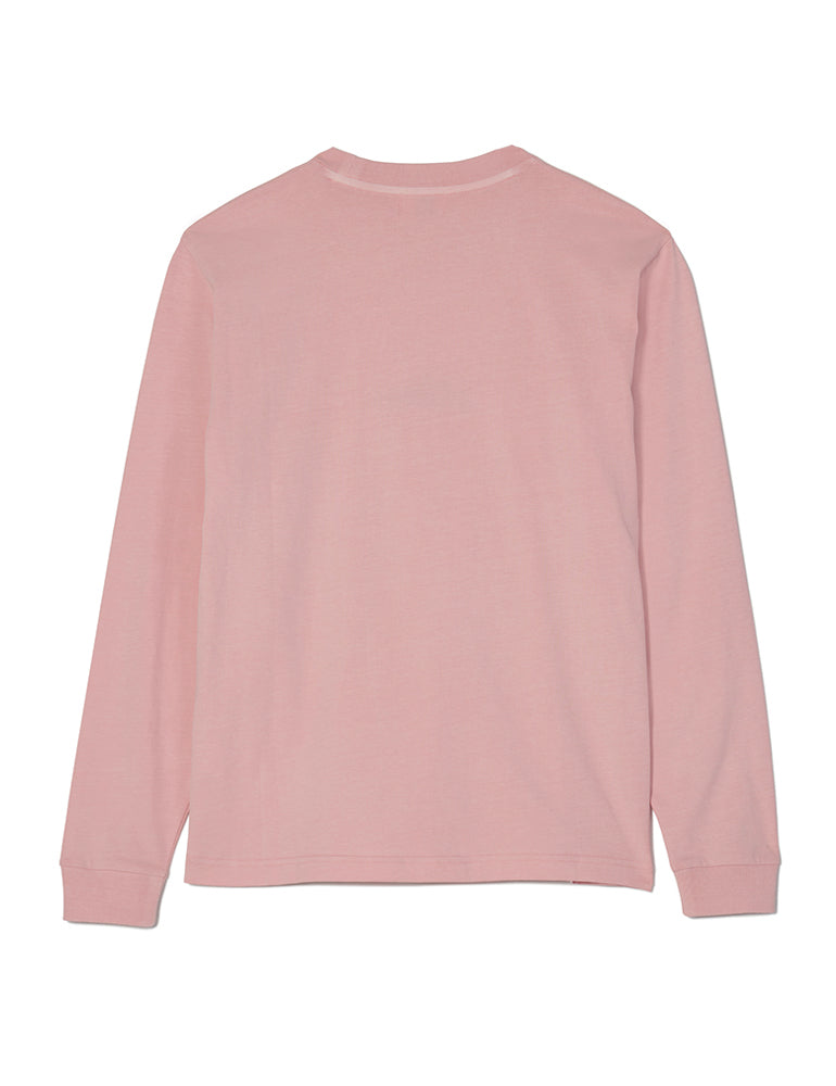 Dusty pink Doodles Mello Long Sleeve T-Shirt featuring an embroidered design of Mello lounging atop the Doodles logo, made from 100% cotton for a soft and comfortable fit. Back view.