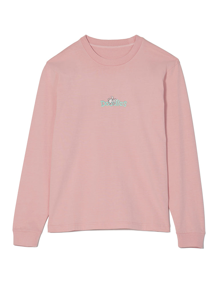Dusty pink Doodles Mello Long Sleeve T-Shirt featuring an embroidered design of Mello lounging atop the Doodles logo, made from 100% cotton for a soft and comfortable fit.