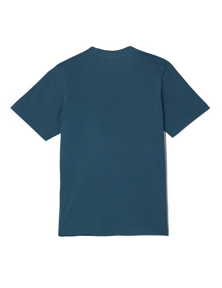 Slate crewneck t-shirt featuring an embroidered Mello design lounging atop the Doodles logo, inspired by Dullsville and The Doodleverse. Back.