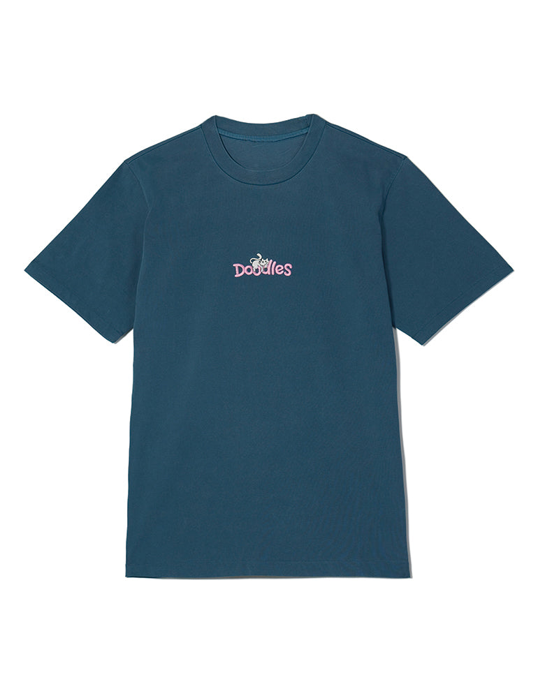 Slate crewneck t-shirt featuring an embroidered Mello design lounging atop the Doodles logo, inspired by Dullsville and The Doodleverse.