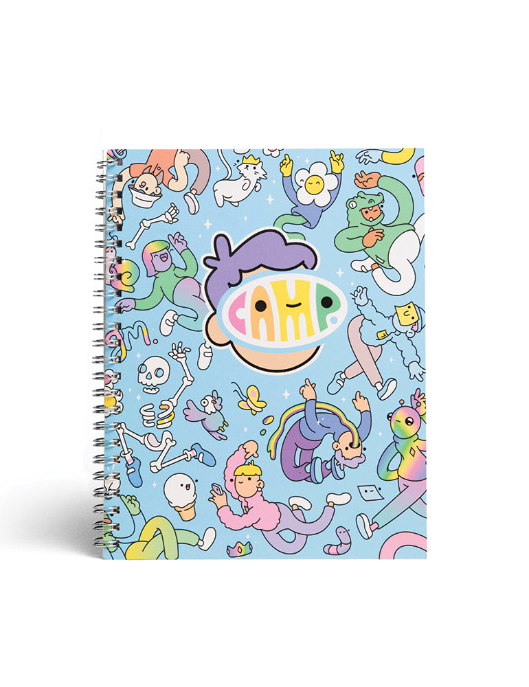 CAMP x Doodles Journal featuring a colorful, playful design, ideal for writing and drawing. Closed.