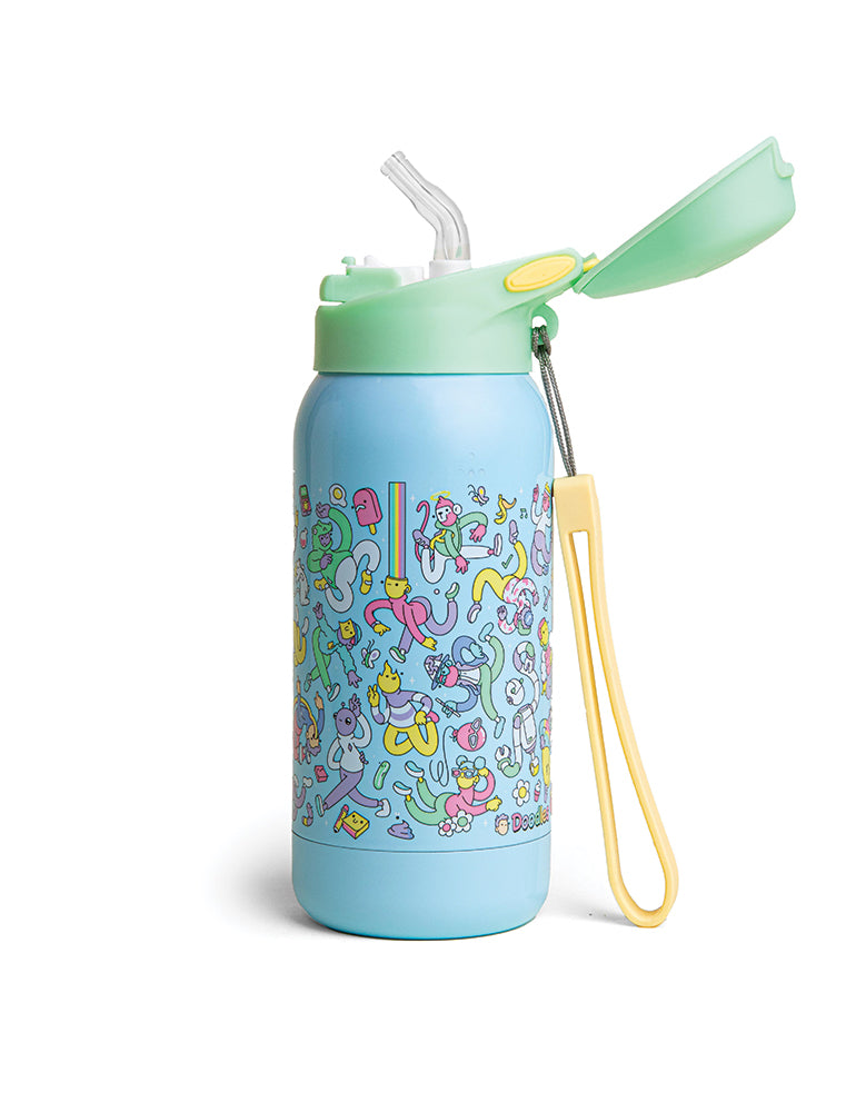CAMP x Doodles Kids Water Bottle with Hap character, 300ml capacity, colorful Doodles design.