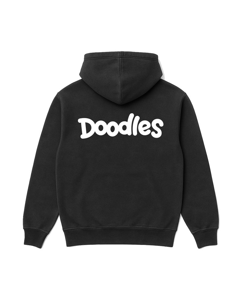 Black Doodles Essential Hoodie with white Doodles logo on chest, featuring a front kangaroo pocket and relaxed fit. Back.