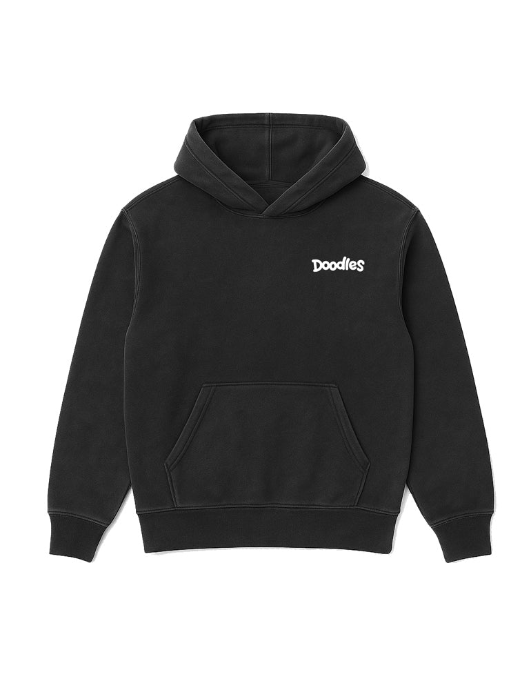 Black Doodles Essential Hoodie with white Doodles logo on chest, featuring a front kangaroo pocket and relaxed fit. Front.
