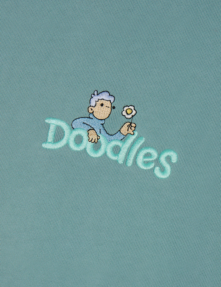 Heavyweight dusty blue hoodie with embroidered Hap design and Doodles logo, inspired by Dullsville and The Doodleverse. Logo close-up.