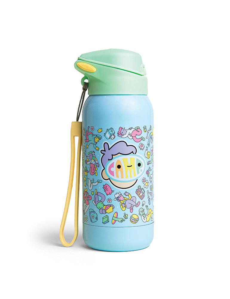 CAMP x Doodles Kids Water Bottle with Hap character, 300ml capacity, colorful Doodles design. Closed.